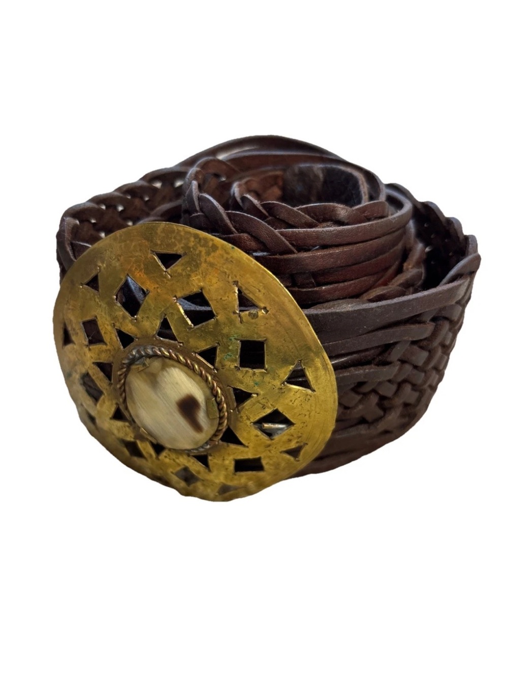 Motif 56 Braided Leather Belt with Decorative Brass Buckle - Brown